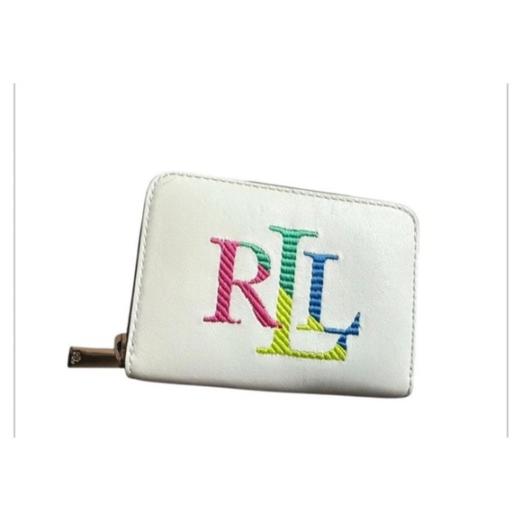 LRL Lauren Ralph Lauren embroidered leather zip wallet White Green Multicolor - Picture 14 of 16